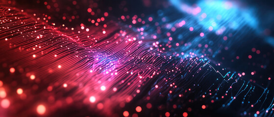 Fototapeta premium Techno Pulse, an abstract dark blue and red backdrop featuring glowing dots and intricate technological lines, evokes a sense of digital innovation.