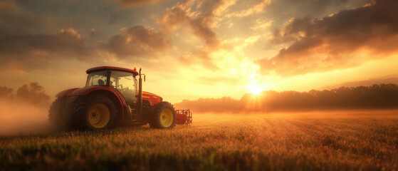 Fototapeta premium Tractor in a Maryland field at sunset, golden rays illuminating crops, serene rural landscape, peaceful evening atmosphere.