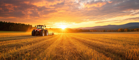 Fototapeta premium Tractor in a Maryland field at sunset, vibrant sky casting warm hues over farmland, symbolizing rural life and agricultural beauty.
