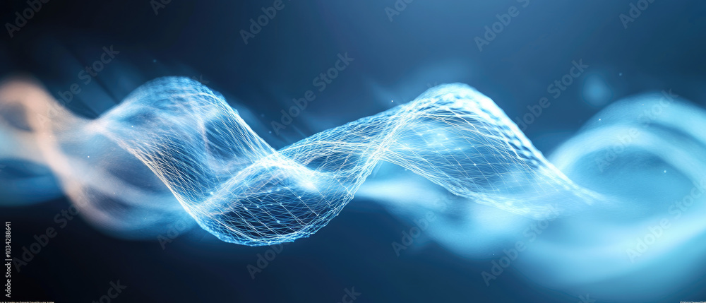 Poster abstract waves in blue and white, geometric patterns evoke dna strands, creating a dynamic and vibra