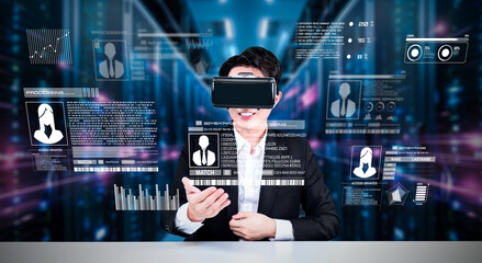 Businessman with goggles working while using security protection. Manager with formal suit checking and accessing at safety system by using augmented technology with data center background. Ingenuity.