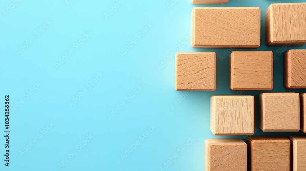 Poster Wooden blocks interlinked on a vibrant blue backdrop, symbolizing collaboration and unity in teamwork dynamics.