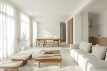 Minimalist home interior with simple, functional furniture, neutral colors, and a clutter-free environment