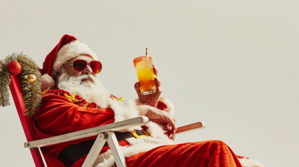 Santa Claus relaxing with a tropical drink and sunglasses