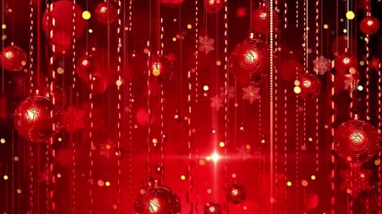 Red Christmas ornaments hanging against a red background with sparkling lights and snowflakes.