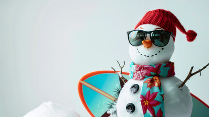 Snowman with sunglasses and surfboard in festive winter beach theme