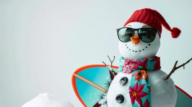 Snowman with sunglasses and surfboard in festive winter beach theme