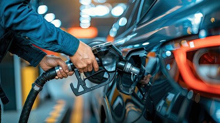 Obraz premium A person filling a cars tank with fuel at a gas station, close up