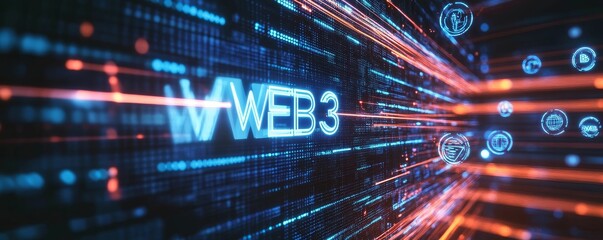 Fototapeta premium Web3 neon sign with glowing lines and icons.