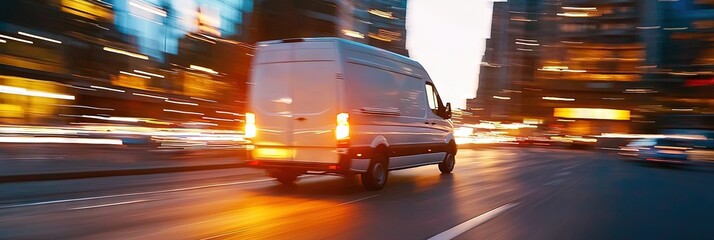 white delivery van driving through city at high speed