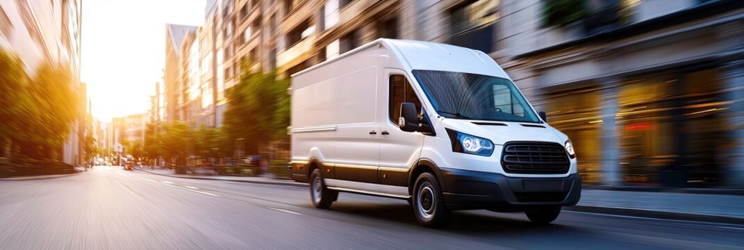 white delivery van driving through city at high speed