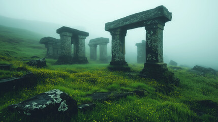 Mysterious ancient ruins shrouded in fog