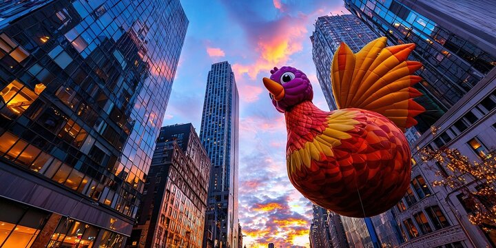 turkey balloon floats amidst skyscrapers during thanksgiving day parade