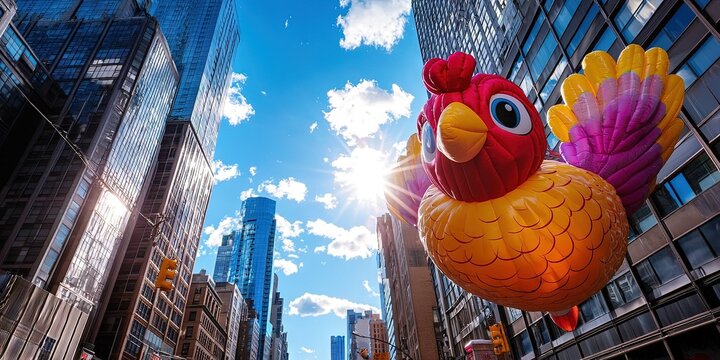 turkey balloon floats amidst skyscrapers during thanksgiving day parade