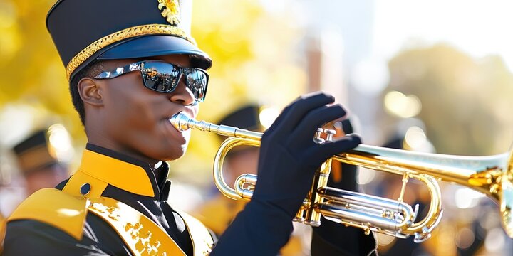 trumpet player, marching band marching in parade 