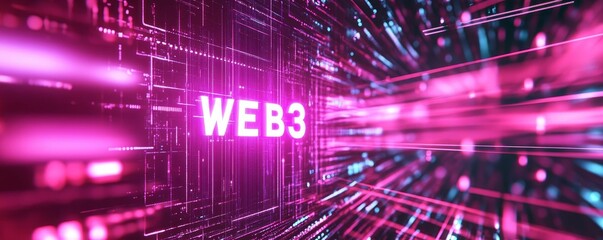 Web3 in neon lights, digital background.