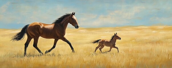 Obraz premium Two brown horses running through tall grass.