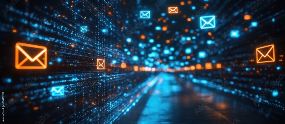 Poster abstract digital tunnel with glowing email symbols and data stream.
