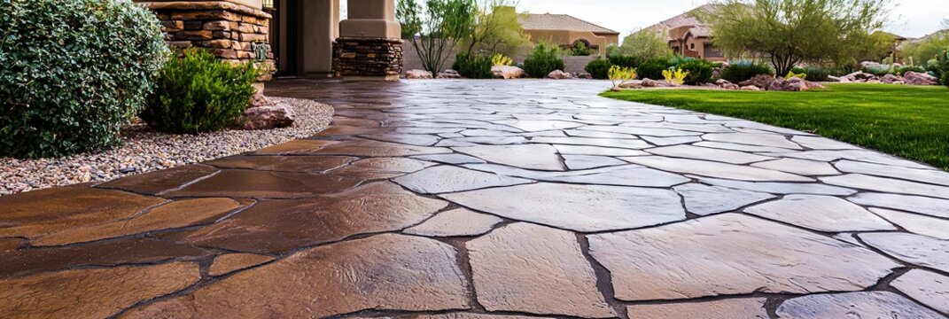 Stamped concrete flagstone walkway leading to house entrance