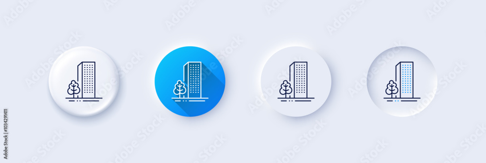 Poster buildings line icon. neumorphic, blue gradient, 3d pin buttons. city architecture with tree sign. sk