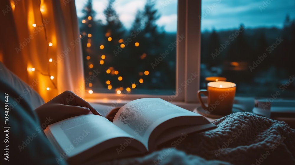 Poster enjoying a cozy evening reading a book by candlelight while soft string lights illuminate the room a