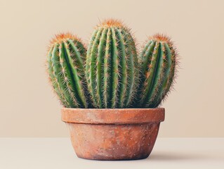 Cactus plant in a rustic terracotta pot placed on a neutral beige background, showcasing a natural and minimalist aesthetic.