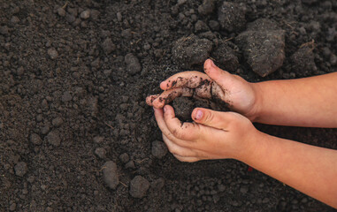 A child holds soil in his hands. Selective focus.
