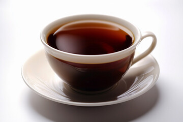 A steaming cup of black tea on a saucer in soft light