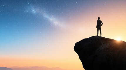 Obraz premium Silhouette of a person standing on a cliff, gazing at a starry sky at dawn, AI