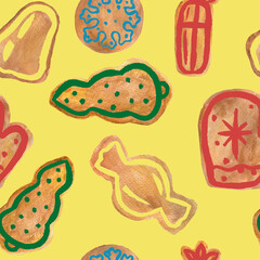 gingerbread tree gift candy mittens Christmas baking holiday cookies with icing seamless pattern watercolor composition isolated on a yellow background base for cards textile tableware