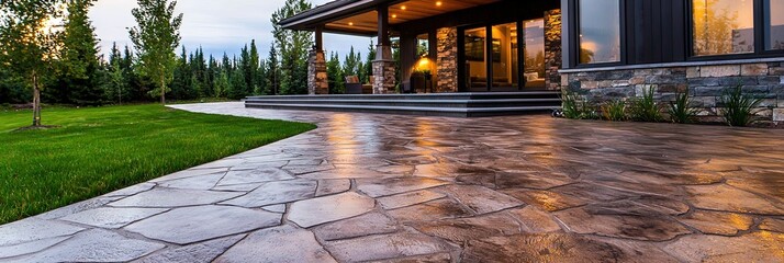 Stamped concrete flagstone walkway leading to house entrance
