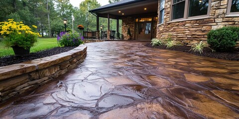 Stamped concrete flagstone walkway leading to house entrance