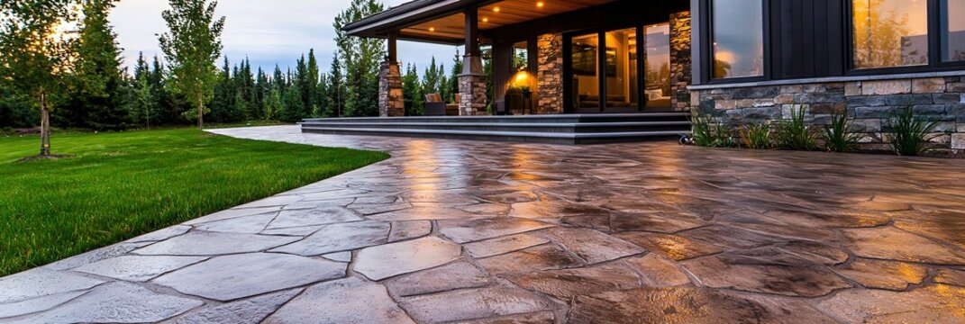 Stamped concrete flagstone walkway leading to house entrance