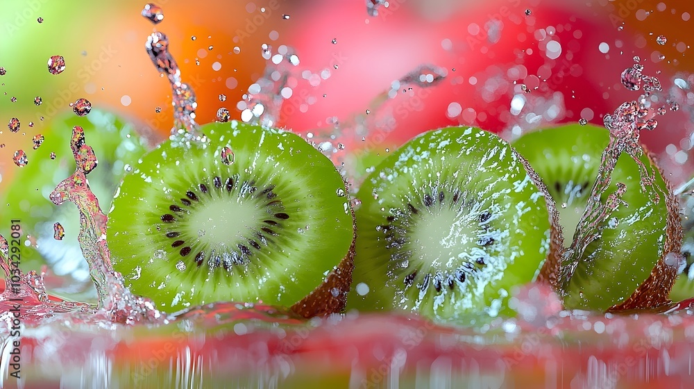 Poster fresh kiwi slices submerged in water, creating a vibrant and refreshing image.