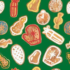 gingerbread tree gift candy mittens Christmas baking holiday cookies with icing seamless pattern watercolor composition isolated on a green background base for cards textile tableware