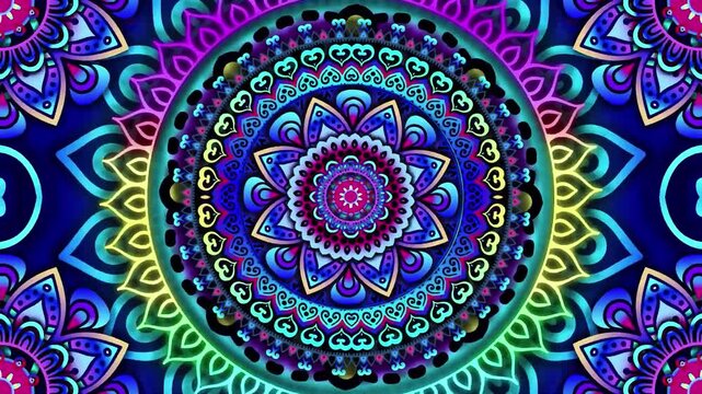 Vibrant neon blue, purple, pink and green mandala pattern with repeating intricate floral design.