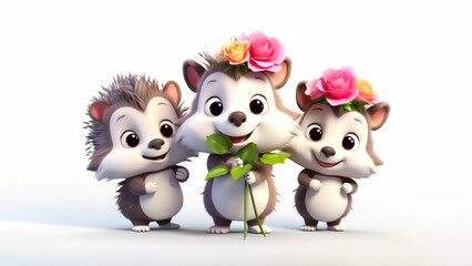 Fototapeta premium Three cute hedgehog cartoon character animals with flowers on their heads holding green leaves