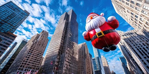 santa balloon floats amidst skyscrapers during thanksgiving day parade 