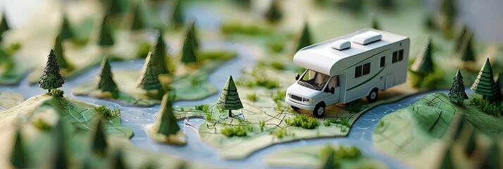 RV driving on 3D map of forest, road trip concept