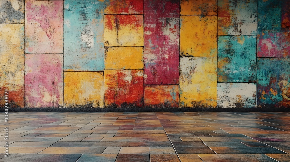 Poster a colorful and textured wall made up of various tiles, creating a vibrant and eye-catching backgroun