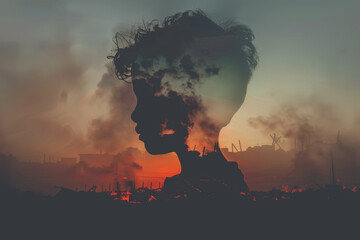 Fototapeta premium A child silhouette emerges against a fiery sunset, reflecting a scene of destruction and chaos, merging innocence with the harsh realities of life