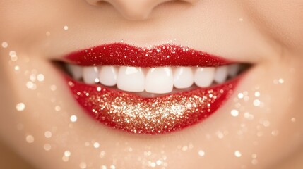 Obraz premium Glistening red lips adorned with sparkling glitter in soft light creating a captivating and glamorous allure