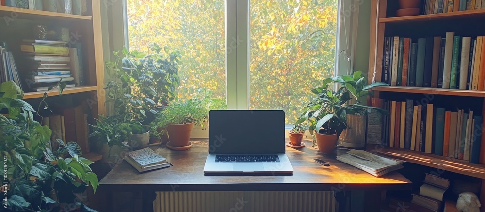 Poster a laptop sits on a desk in front of a window, with bookshelves and potted plants on either side. the