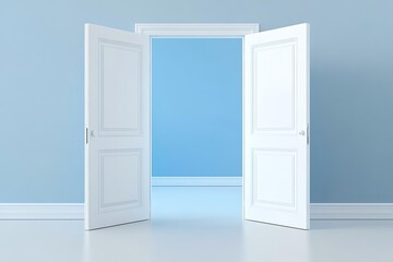 Fototapeta premium Open white double doors against blue wall background. Copy space. 3D Rendering