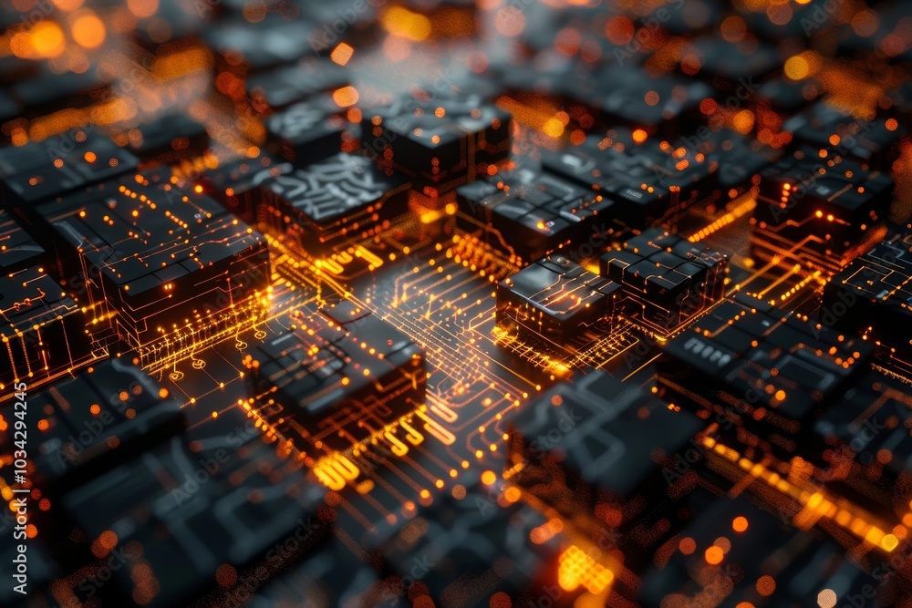 Poster this visual showcases a detailed circuit board featuring numerous microchips, illuminated by bright 