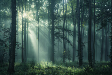 Obraz premium At dawn, delicate rays of sunlight break through the trees, casting a mystical glow in the misty forest. The peaceful atmosphere enhances the beauty of nature's embrace