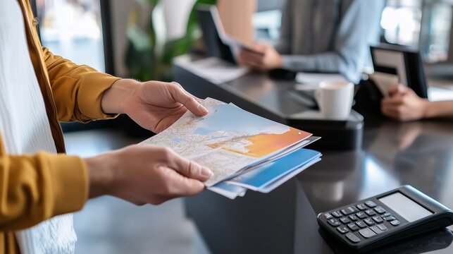 Person holding travel brochures at a reception desk while another guest waits in a cozy hotel lobby during daylight hours