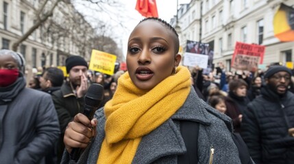 Female journalist reporting at a lively protest on city street
