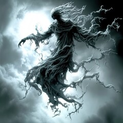 Ghostly Grave Digger Looming Over Open Grave in Surreal Moonlit Night