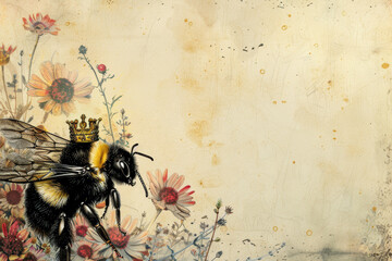 A bumblebee adorned with a small crown is perched on colorful wildflowers, showcasing its intricate details against a warm, neutral backdrop